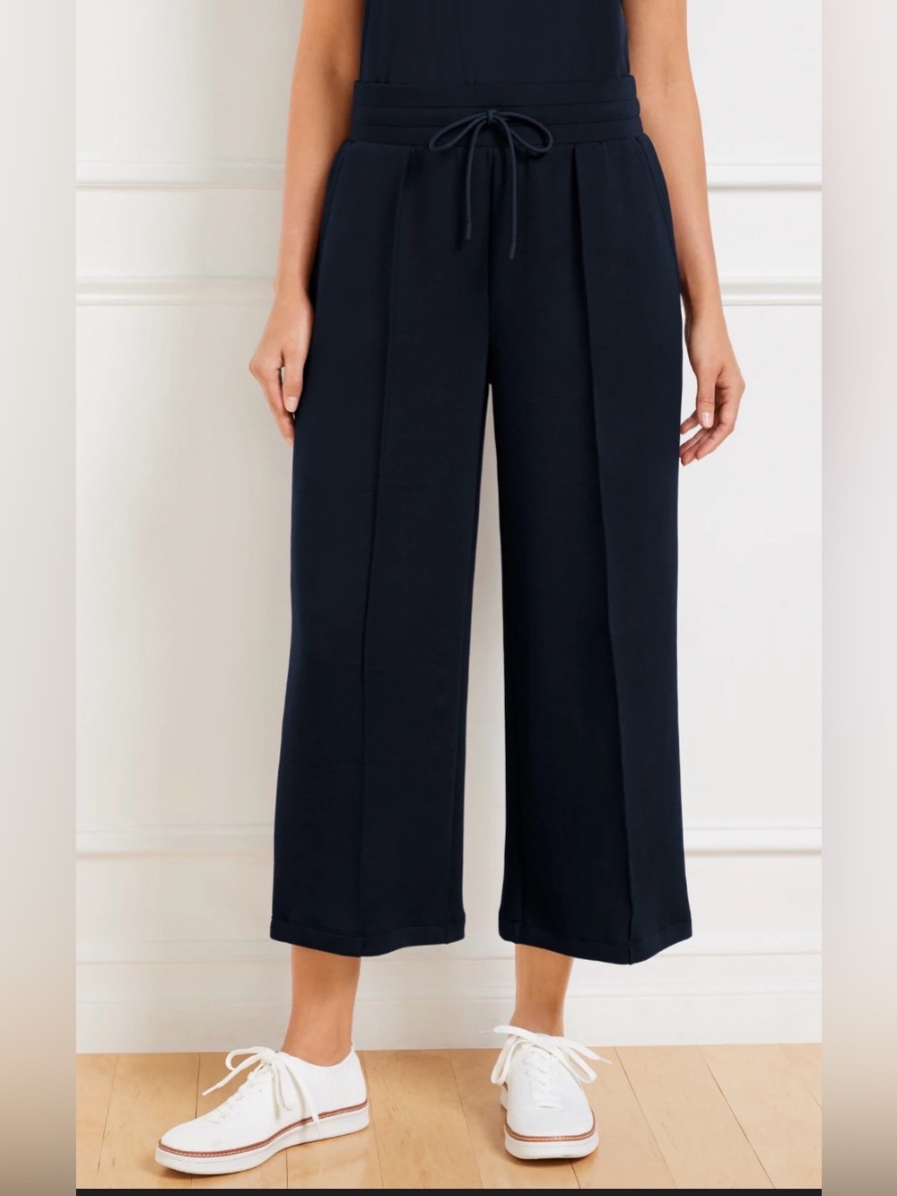 Talbots Airknit Stretch Wide Crop Side Stripe Track Pants Navy White Petite Med